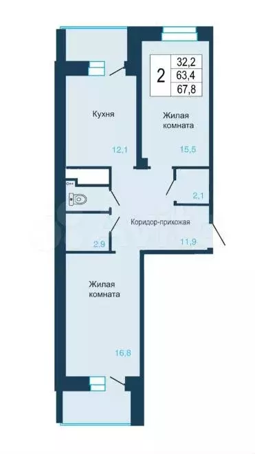2-к. квартира, 67,8 м, 6/8 эт. - Фото 0