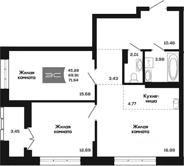 2-к кв. Новосибирская область, Новосибирск ул. Титова, 48 (69.91 м) - Фото 0