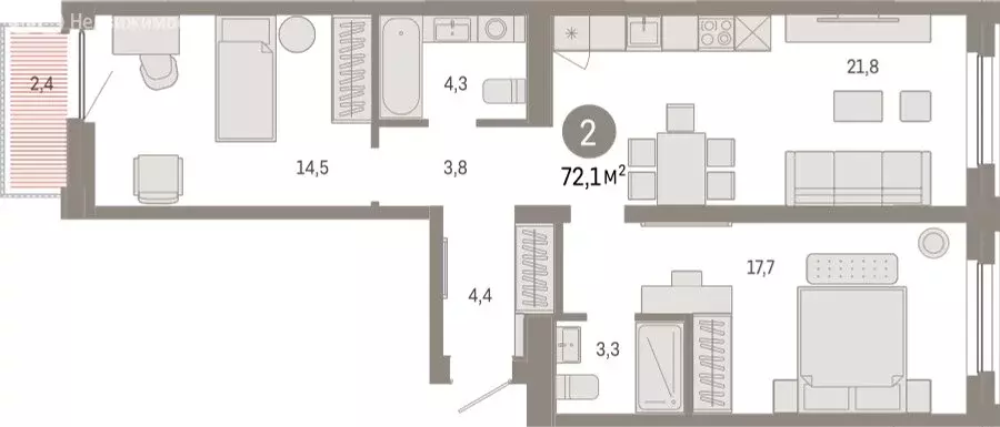 2-комнатная квартира: Тюмень, Мысовская улица, 26к2 (72.09 м) - Фото 0