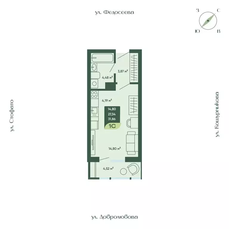Квартира-студия: Новосибирск, улица Стофато, 26 (31.86 м) - Фото 1