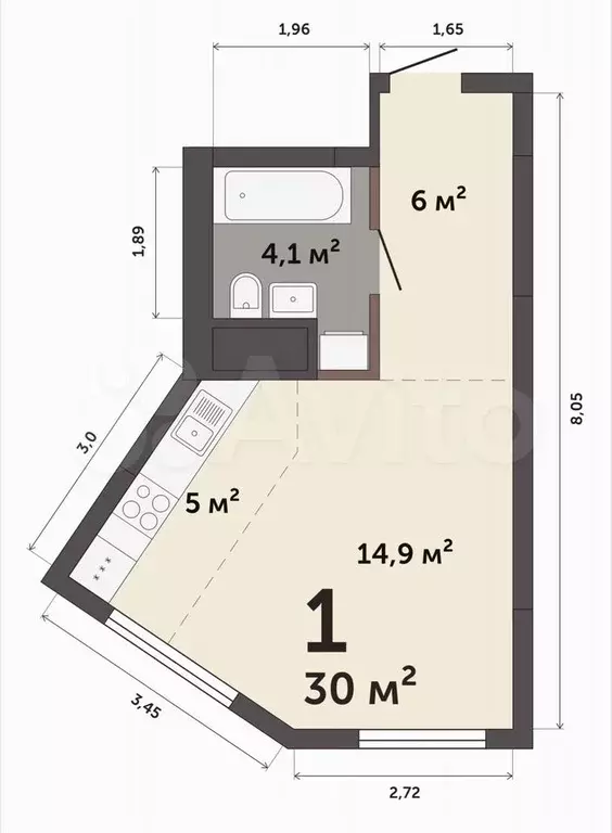Квартира-студия, 30 м, 3/30 эт. - Фото 0