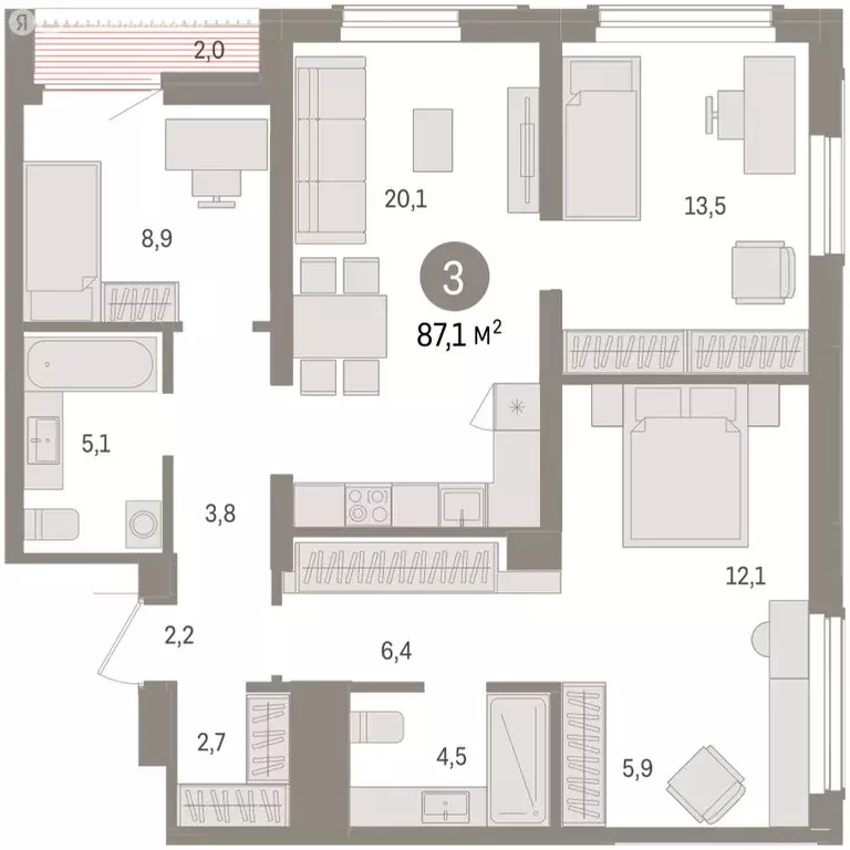 3-комнатная квартира: Новосибирск, улица Аэропорт (87.11 м) - Фото 1
