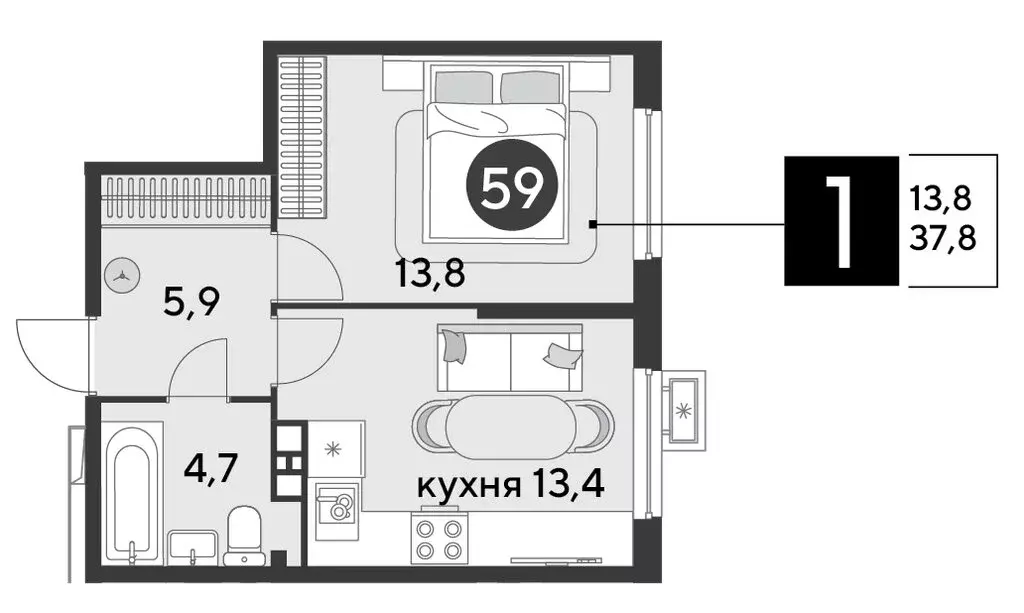 1-комнатная квартира: Краснодар, микрорайон Парк Победы (37.8 м) - Фото 1