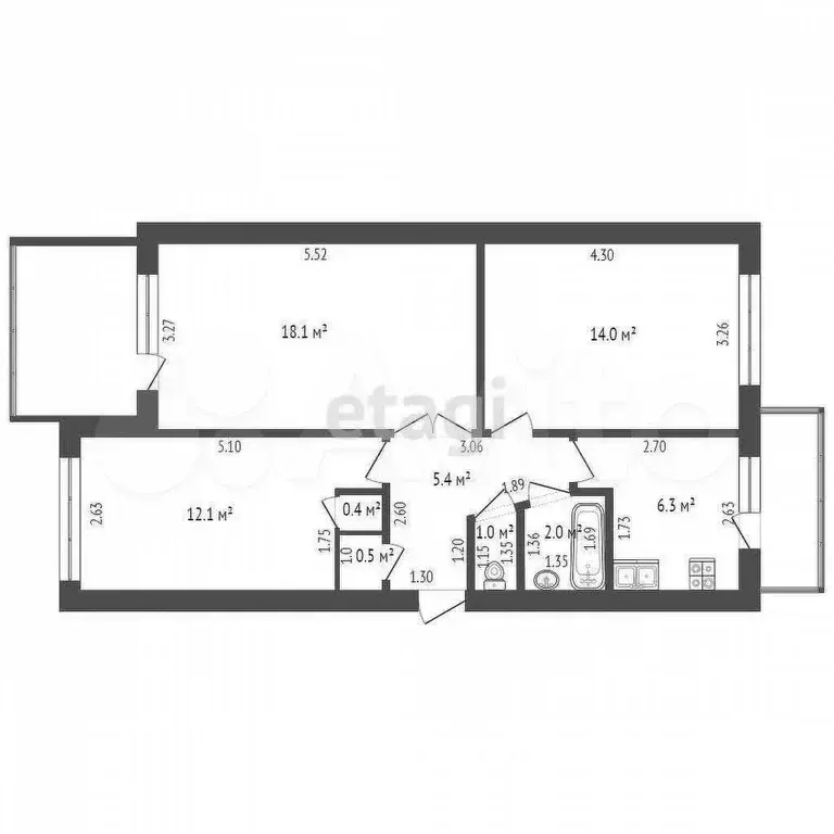 3-к. квартира, 59,9 м, 5/5 эт. - Фото 0