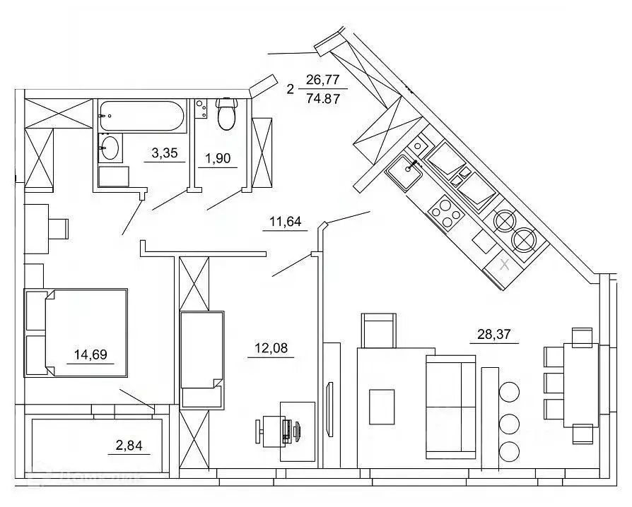 2-к кв. Рязанская область, Рязань ул. Земнухова (74.87 м) - Фото 1