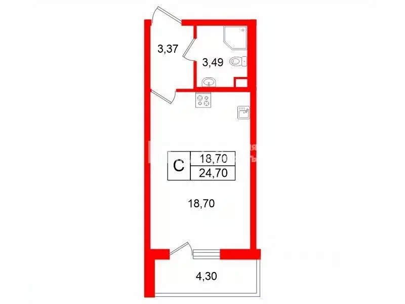 Студия Санкт-Петербург ул. Плесецкая, 16 (24.7 м) - Фото 1