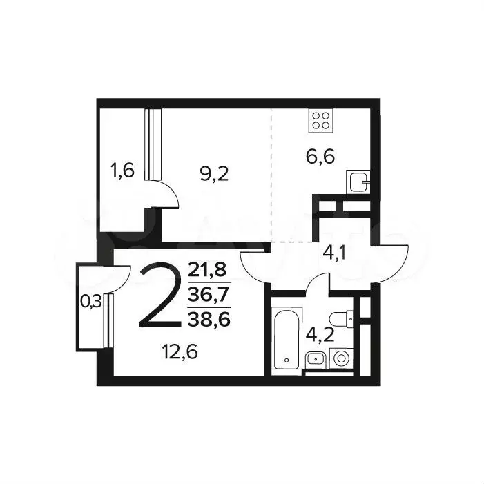 2-к. квартира, 38,6 м, 3/9 эт. - Фото 0