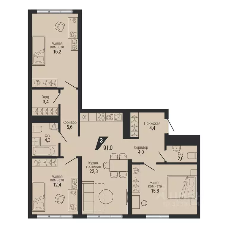 3-к кв. Свердловская область, Екатеринбург Вторчермет жилрайон,  (91.0 ... - Фото 2