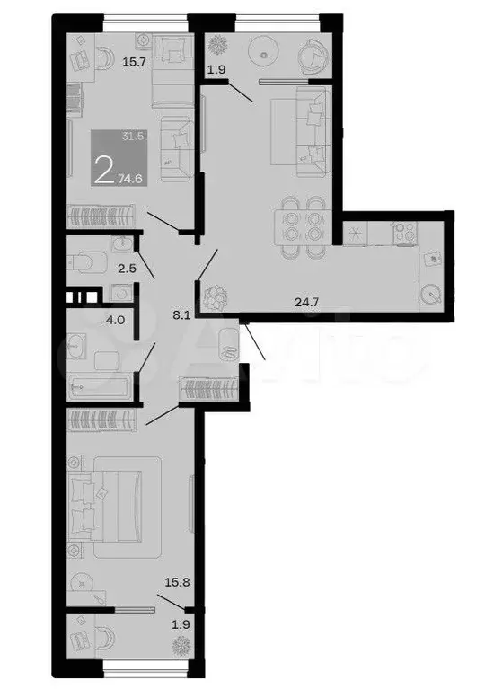 2-к. квартира, 74,6 м, 7/9 эт. - Фото 1