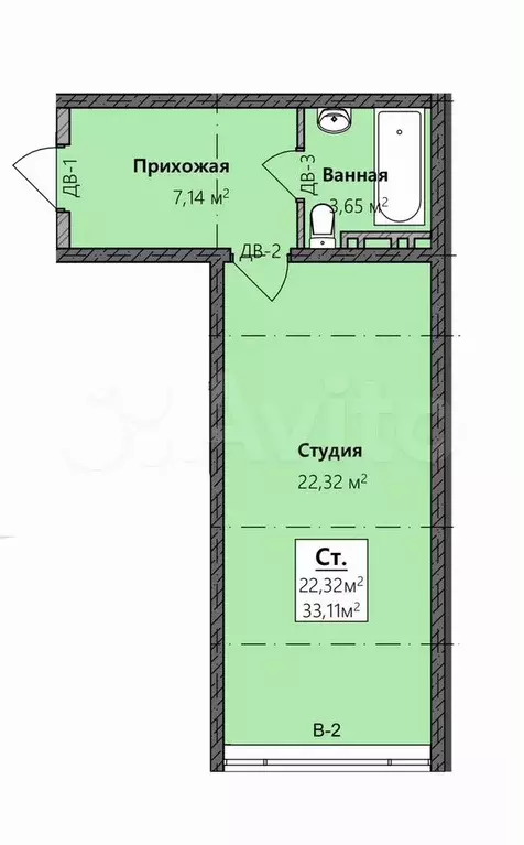 Квартира-студия, 33,1 м, 2/8 эт. - Фото 0