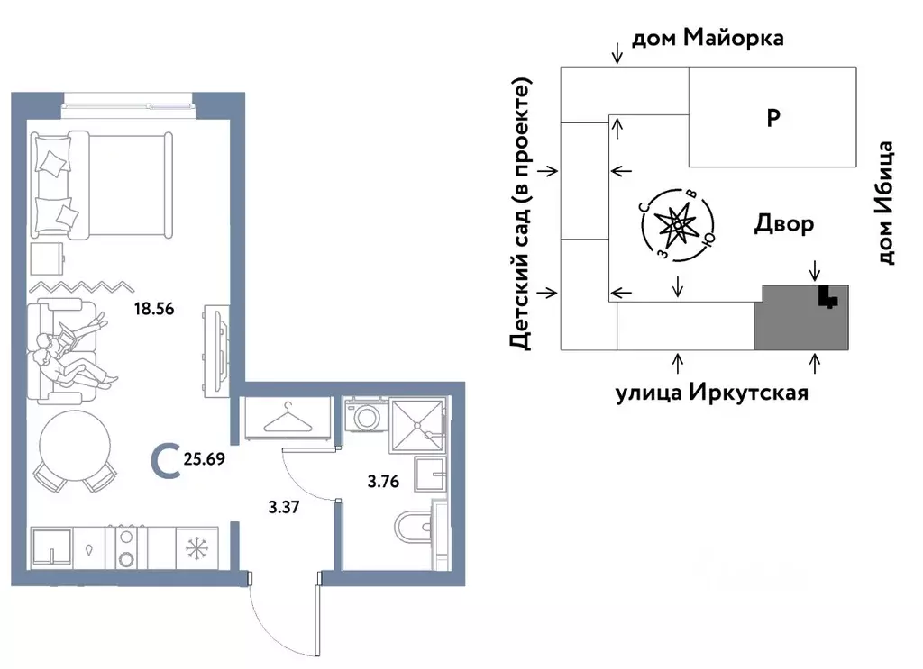 Студия Тюменская область, Тюмень ДОК мкр, ул. Ярославская (25.69 м) - Фото 0