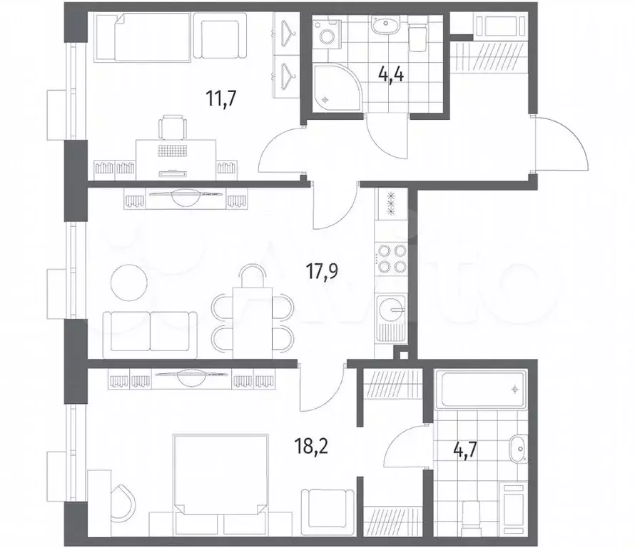 2-к. квартира, 63,5 м, 3/6 эт. - Фото 1