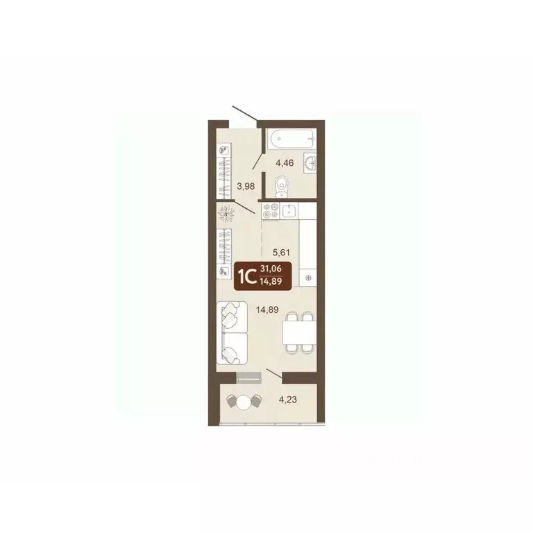 Студия Кемеровская область, Кемерово 58В мкр, 1 (31.06 м) - Фото 2