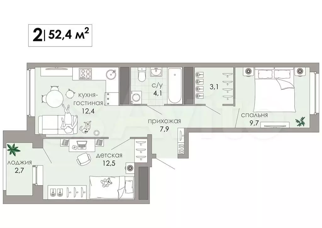 2-к. квартира, 52,4 м, 4/12 эт. - Фото 0