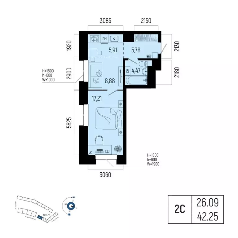 2-к кв. Башкортостан, Уфа Глумилино-1 мкр, Новатор жилой комплекс ... - Фото 1