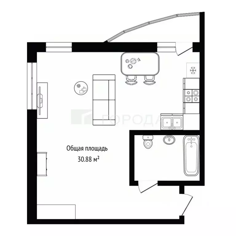 Студия Новосибирская область, Новосибирск Тополевая ул., с5 (30.88 м) - Фото 1