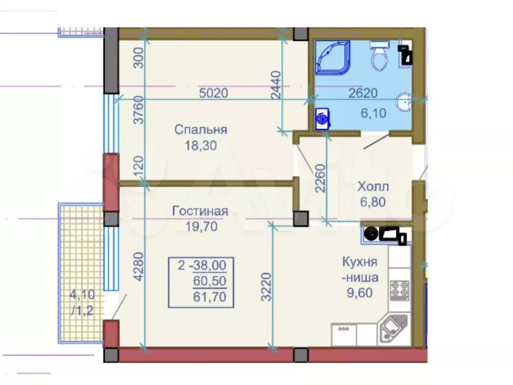 2-к. квартира, 61,7 м, 7/8 эт. - Фото 0