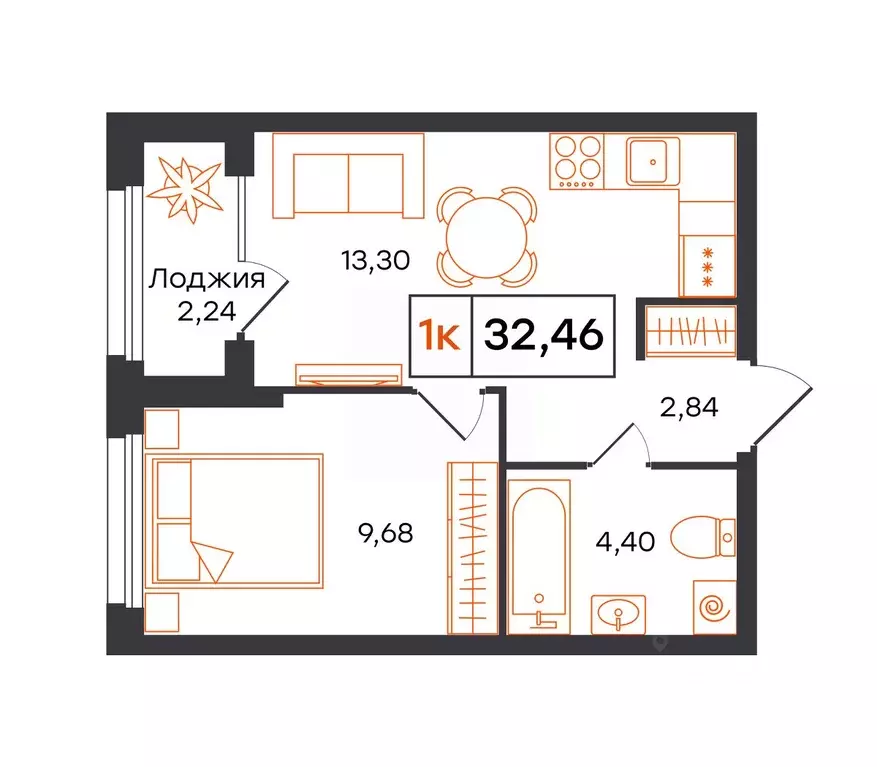 1-к кв. Тюменская область, Тюмень Полевая ул., 117к13 (32.46 м) - Фото 1