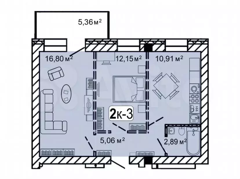 2-к. квартира, 49,1м, 5/5эт. - Фото 0