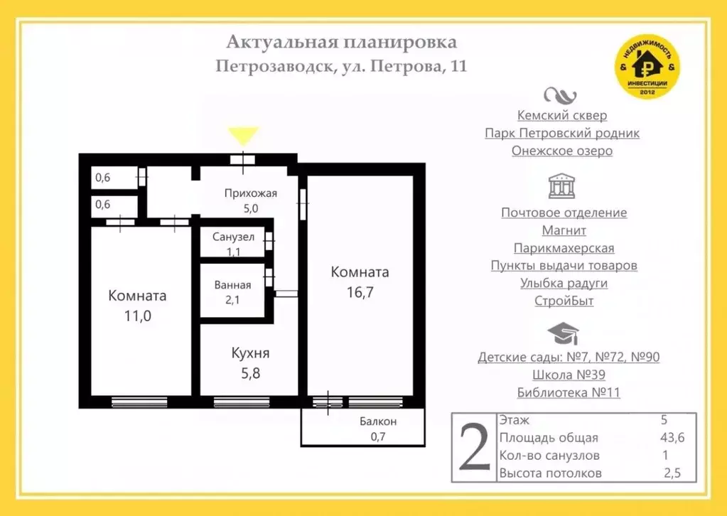 2-к кв. Карелия, Петрозаводск ул. Петрова, 11 (42.9 м) - Фото 1