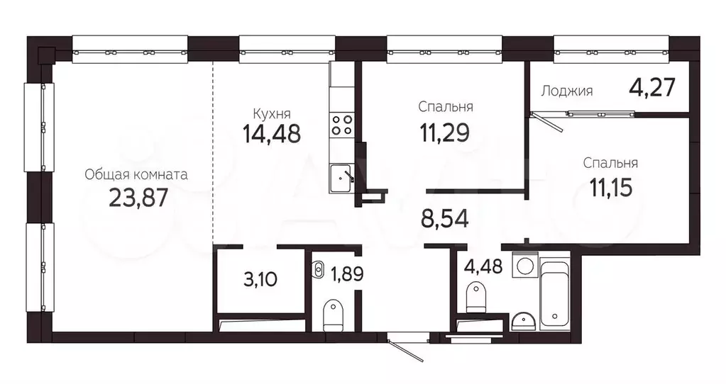 3-к. квартира, 83.1 м, 2/22 эт. - Фото 0