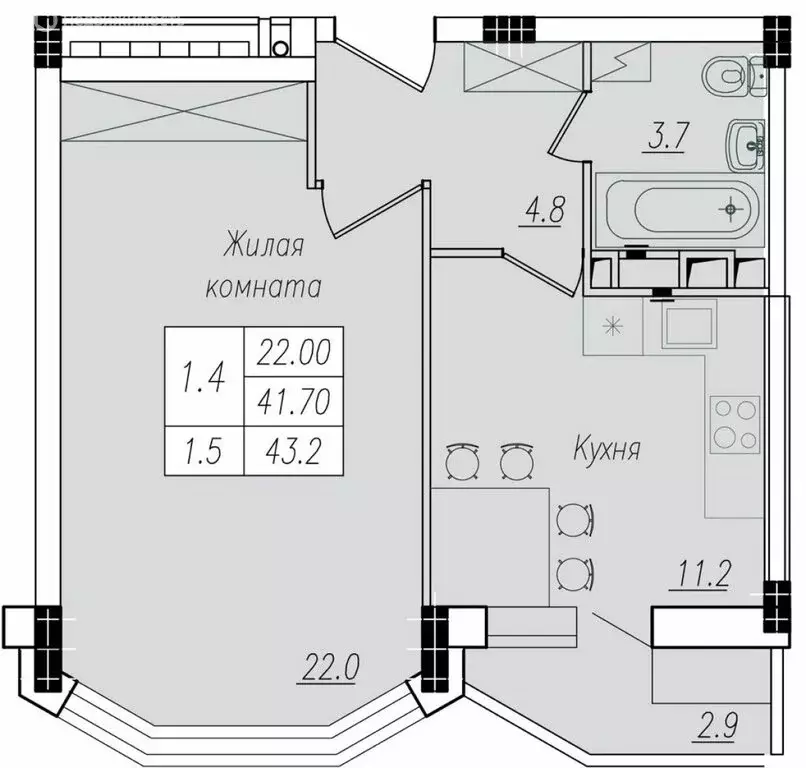 1-комнатная квартира: Курск, улица Энгельса, 158к1 (43.2 м) - Фото 0