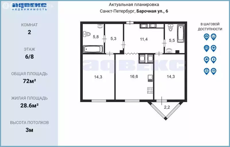 2-комнатная квартира: Санкт-Петербург, Барочная улица, 6 (72 м) - Фото 0