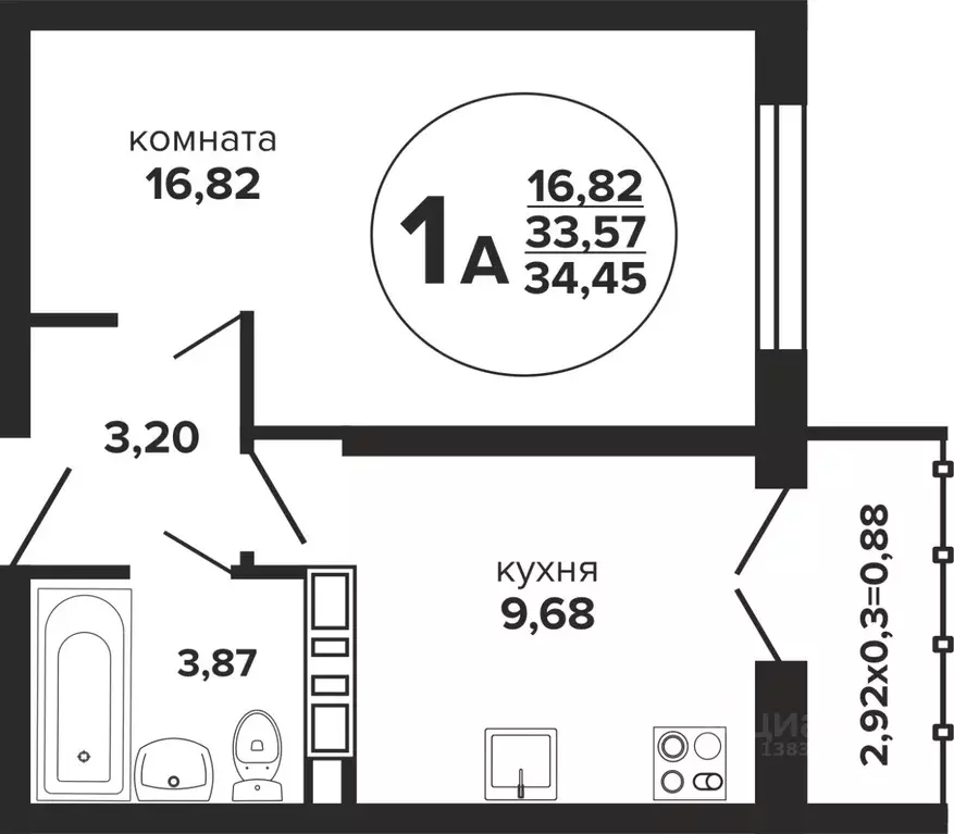 1-к кв. Краснодарский край, Краснодар Российская ул., 257/7 (34.45 м) - Фото 0