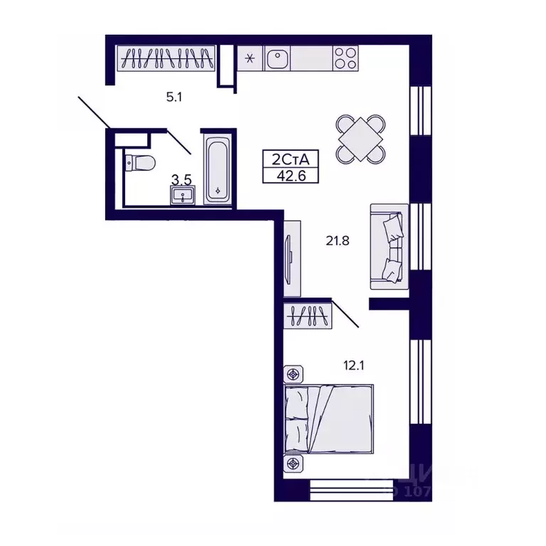 2-к кв. Хабаровский край, Хабаровск ул. Карла Маркса, 96/1 (42.61 м) - Фото 1