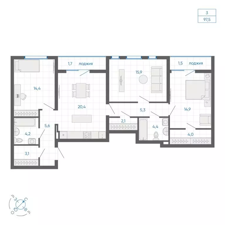 3-комнатная квартира: Екатеринбург, улица Вильгельма де Геннина, 59 ... - Фото 2
