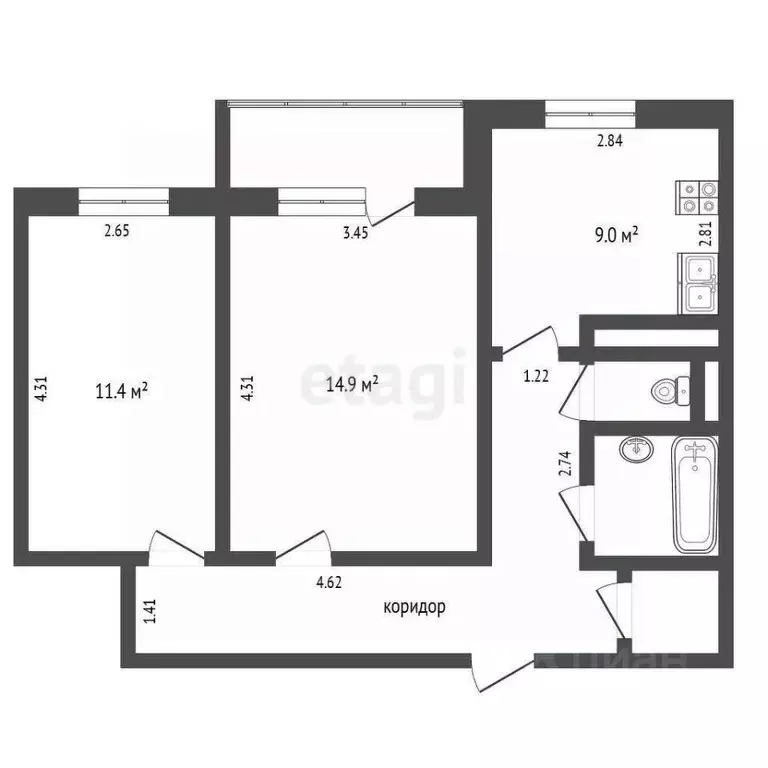 2-к кв. Коми, Ухта ул. Куратова, 20 (52.0 м) - Фото 1