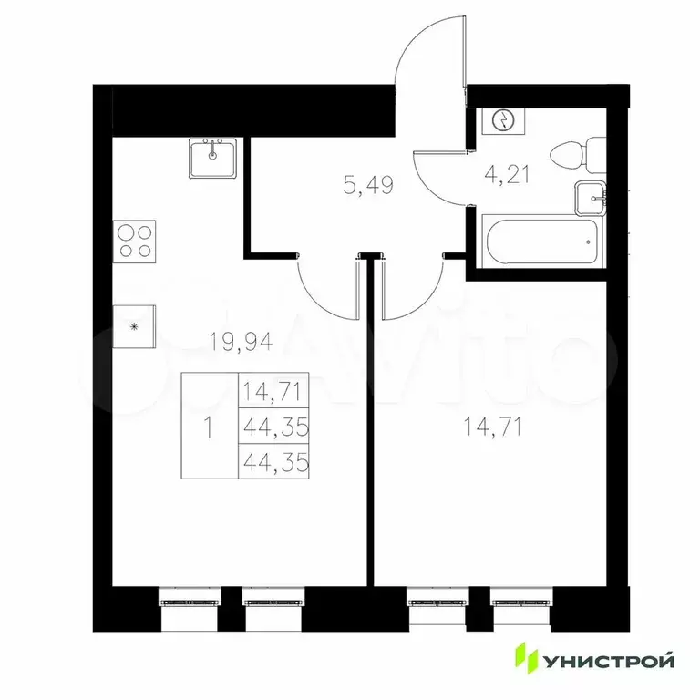 1-к. квартира, 44,4 м, 2/8 эт. - Фото 0