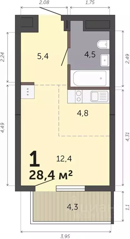 Студия Свердловская область, Екатеринбург Малевич жилой комплекс (28.4 ... - Фото 1