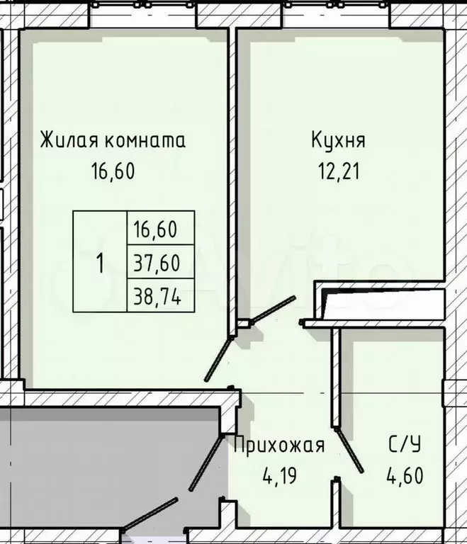 1-к. квартира, 38,7 м, 8/8 эт. - Фото 1