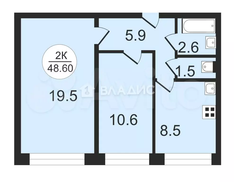 2-к. квартира, 48,6 м, 3/3 эт. - Фото 0