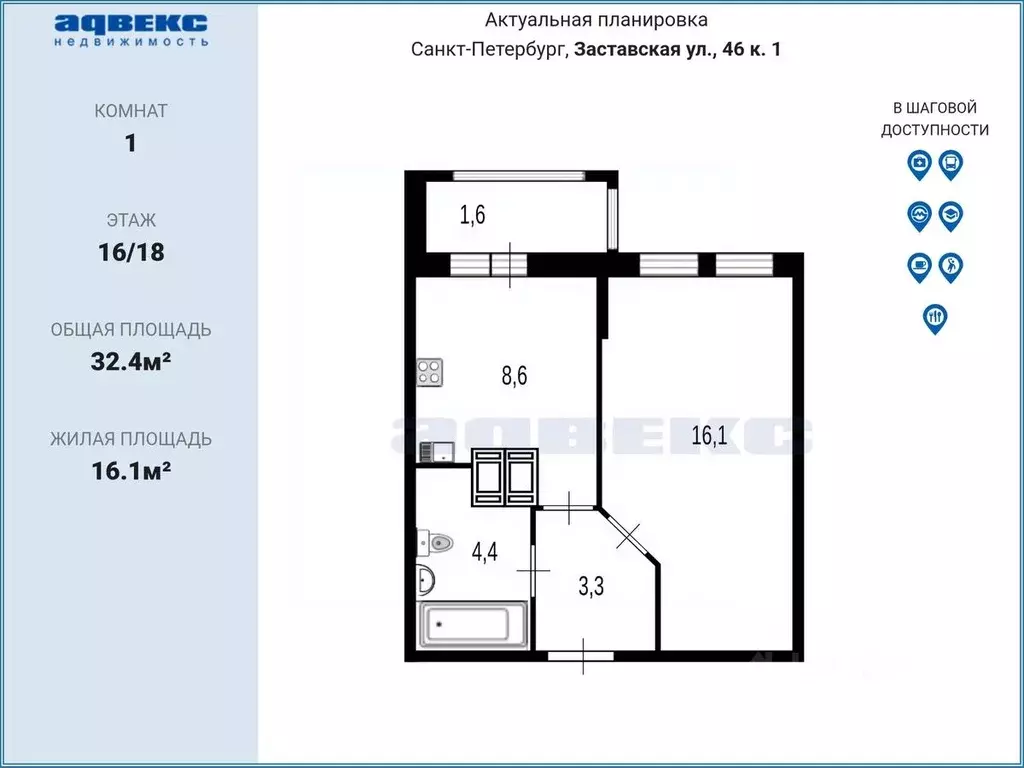1-к кв. Санкт-Петербург Заставская ул., 46к1 (32.4 м) - Фото 2