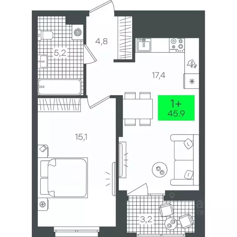 1-к кв. Тюменская область, Тюмень ул. Василия Малкова, 19 (45.98 м) - Фото 0