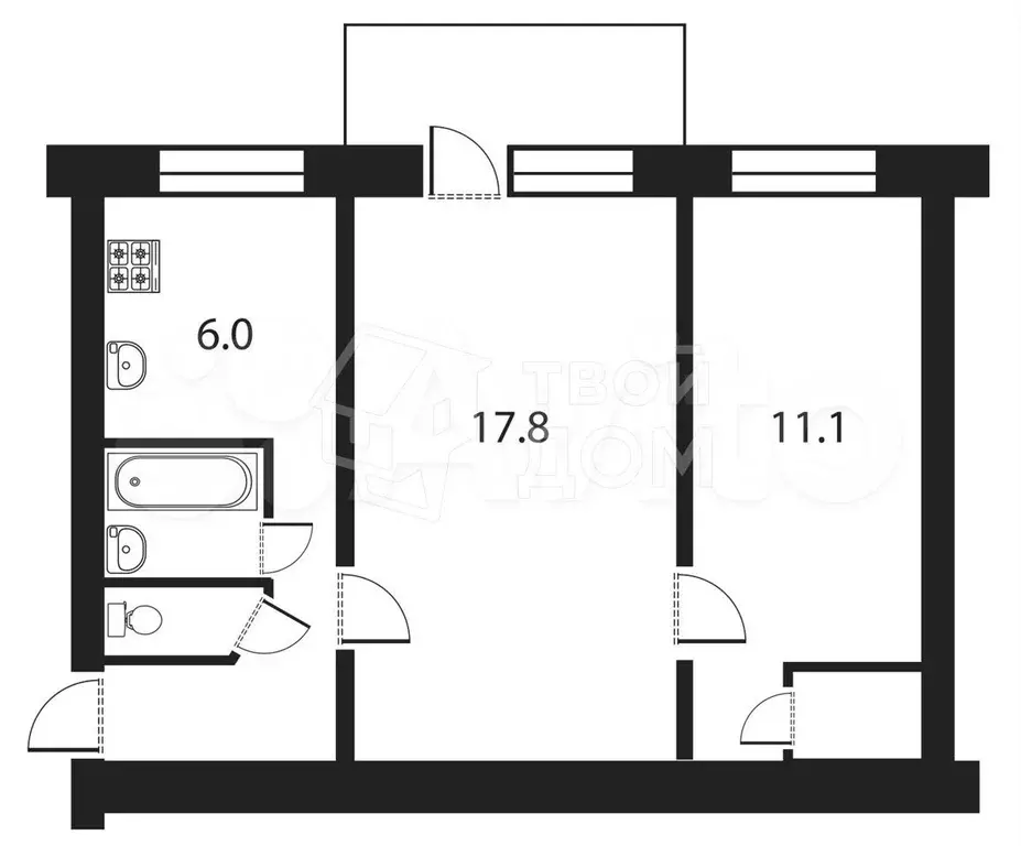 2-к. квартира, 43,6 м, 5/5 эт. - Фото 0