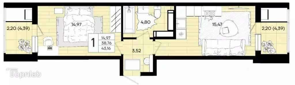 1-к кв. Краснодарский край, Краснодар Народная ул., лит6 (43.16 м) - Фото 1