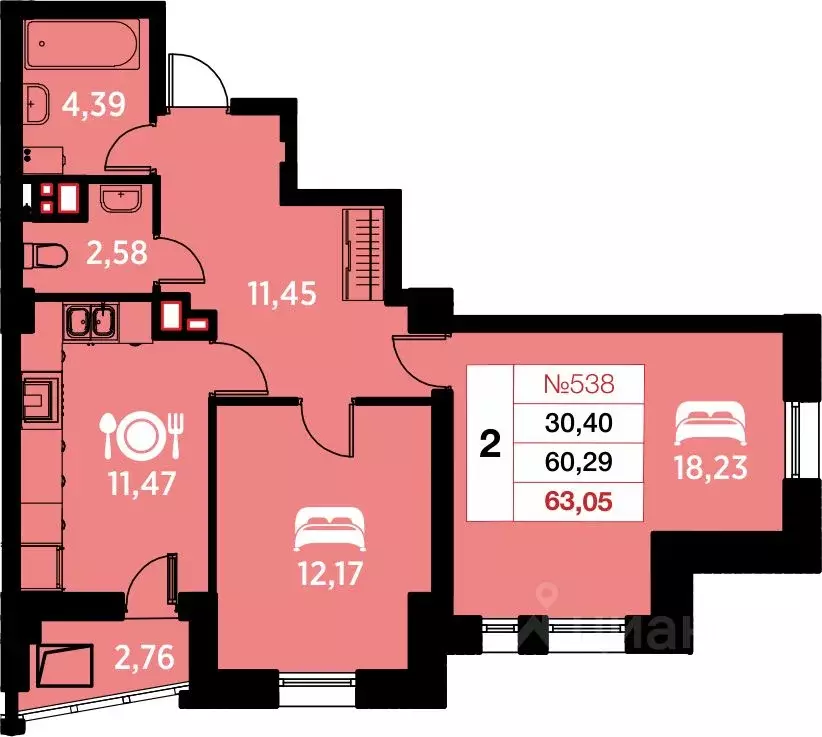 2-к кв. Калининградская область, Калининград ул. Гайдара, 94 (63.05 м) - Фото 0