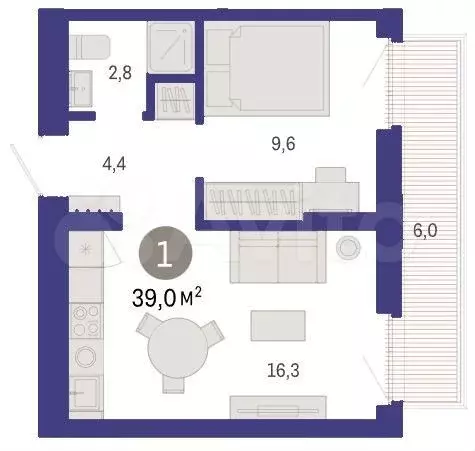 1-к. квартира, 39 м, 3/8 эт. - Фото 1