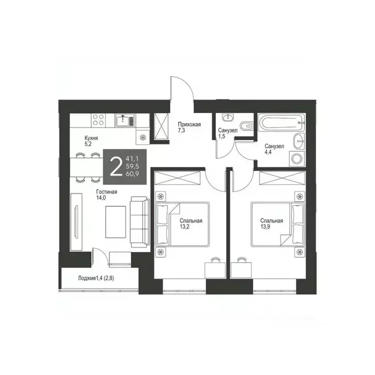 2-к кв. Татарстан, Альметьевск ул. Гафиатуллина, 60 (60.9 м) - Фото 1