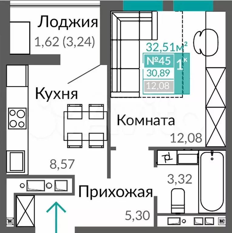 1-к. квартира, 30,9 м, 7/9 эт. - Фото 0