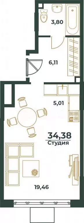 Квартира-студия, 34,4 м, 12/24 эт. - Фото 0