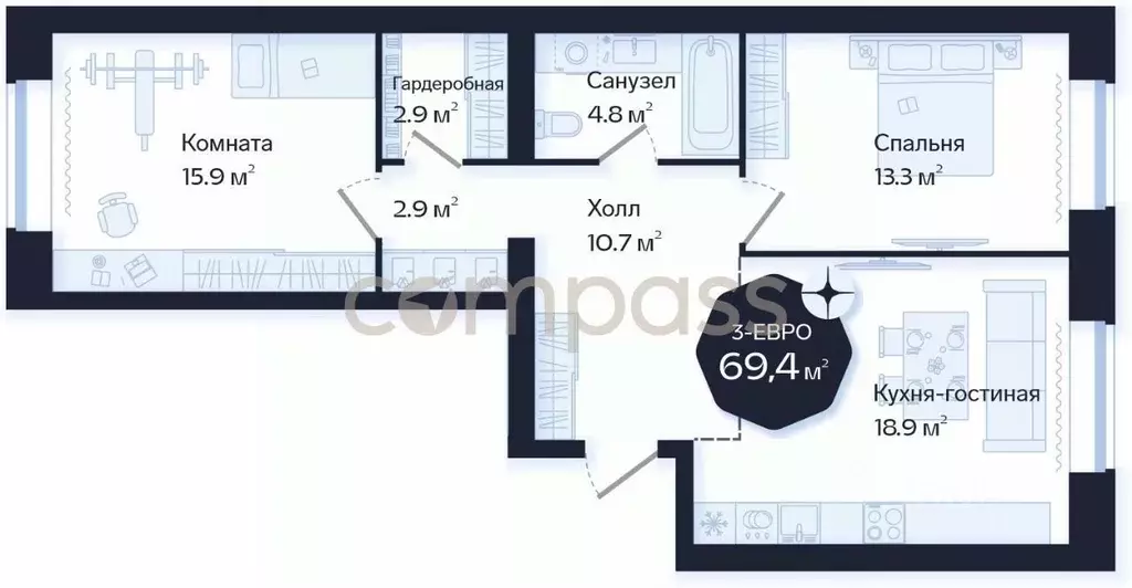 2-к кв. Тюменская область, Тюмень Новгородская ул., 20 (69.4 м) - Фото 0