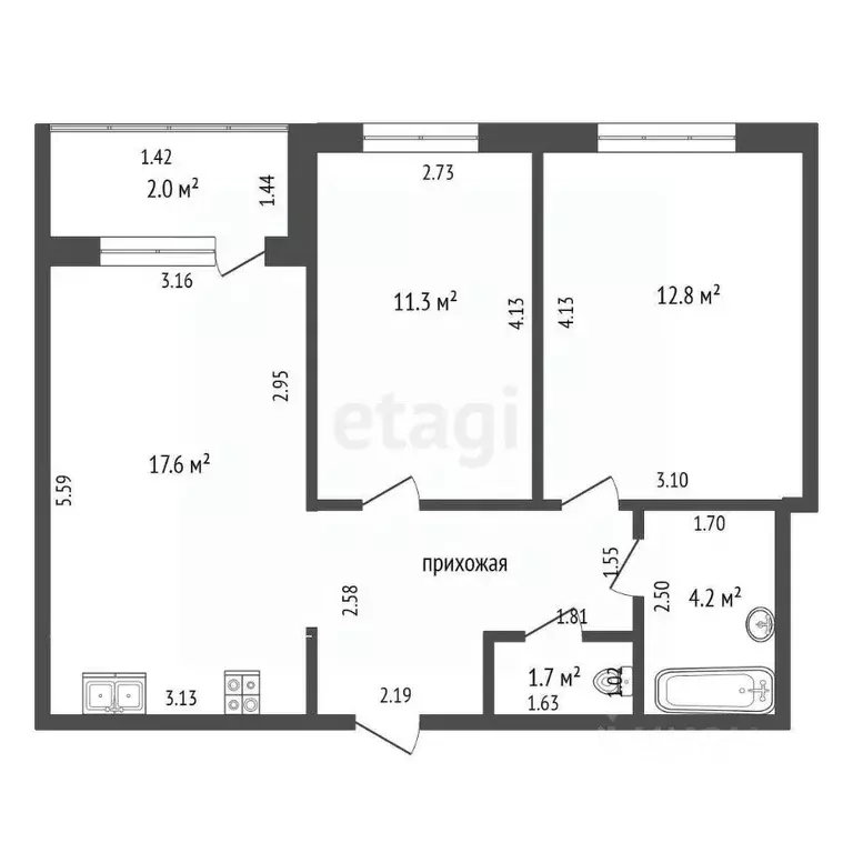 2-к кв. Ханты-Мансийский АО, Ханты-Мансийск ул. Строителей, 113 (56.5 ... - Фото 1
