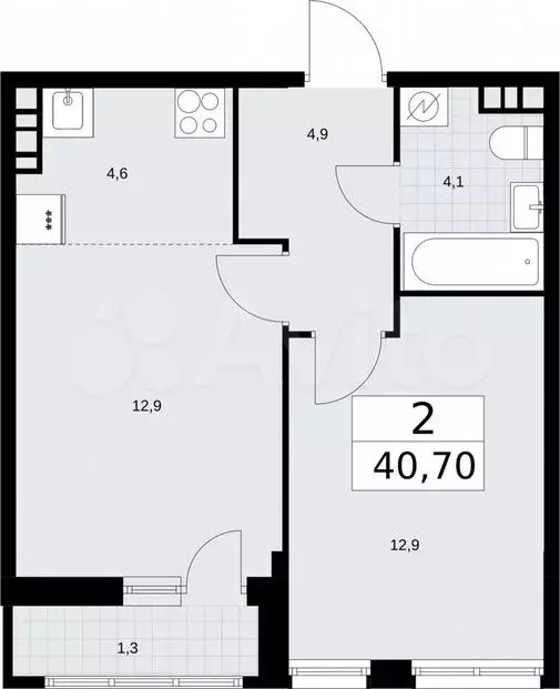 2-к. квартира, 40,7м, 5/10эт. - Фото 1