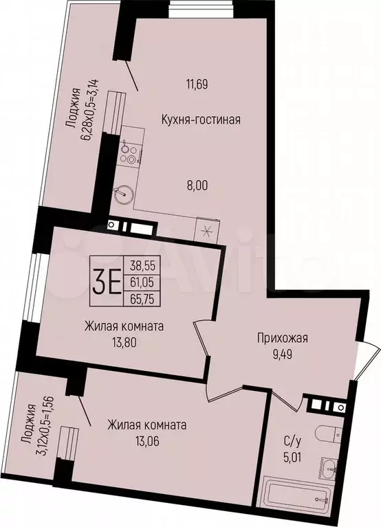 2-к. квартира, 65,6 м, 6/15 эт. - Фото 0