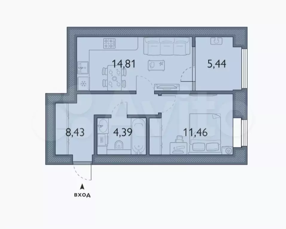 1-к. квартира, 44,5 м, 2/6 эт. - Фото 1