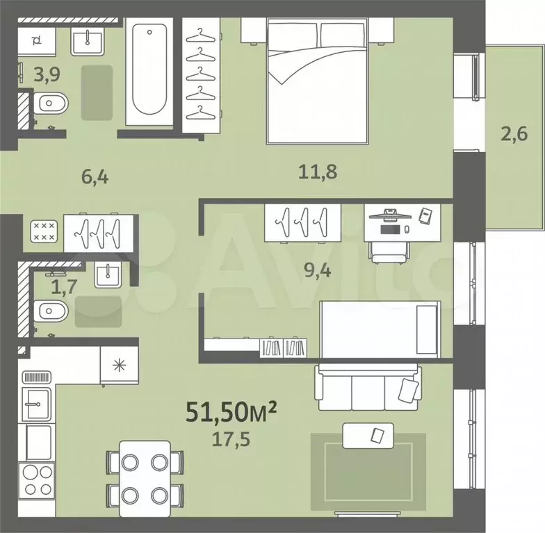 2-к. квартира, 51,5 м, 8/8 эт. - Фото 0